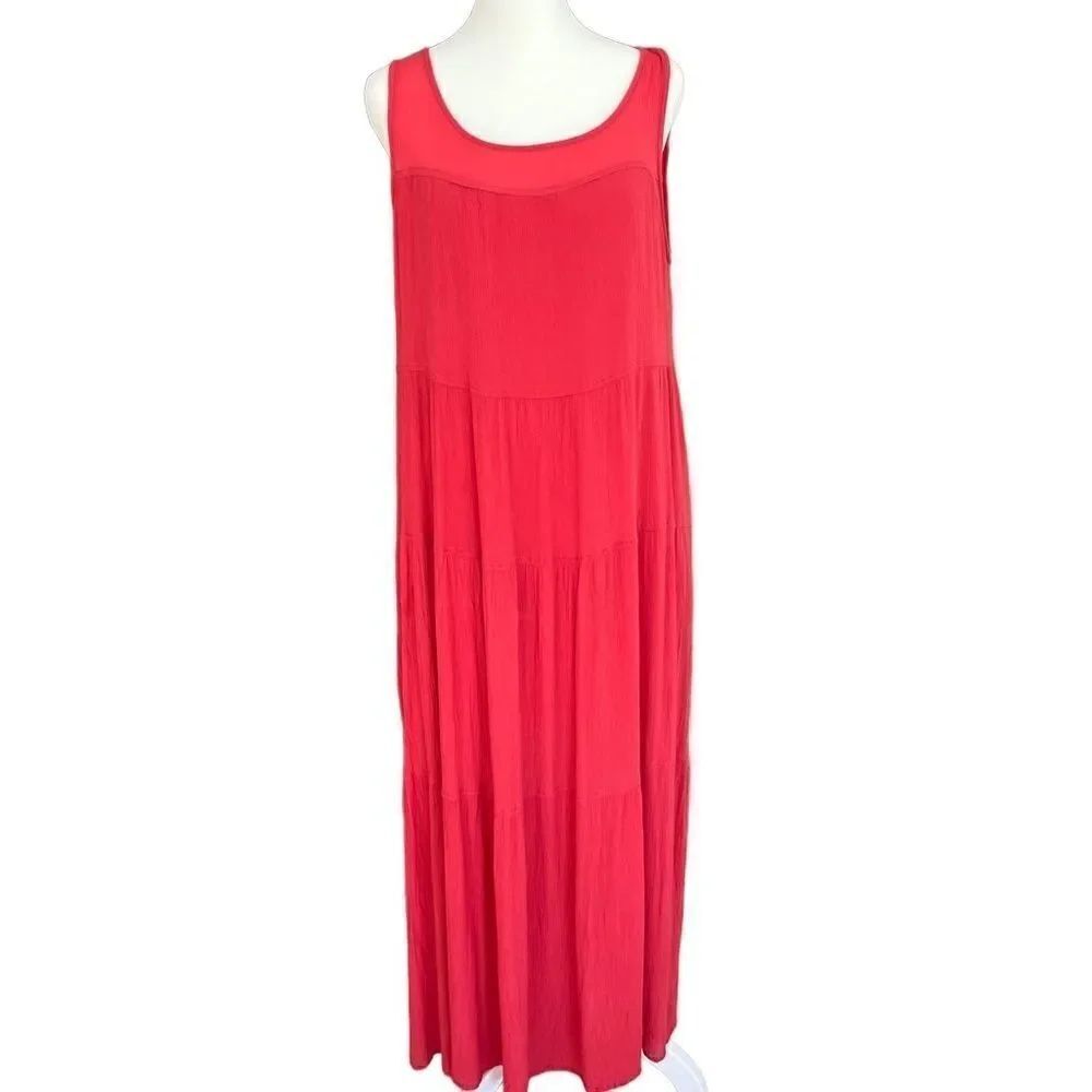 Max Studio tiered sleeveless gauze maxi dress, lined, round neckline.